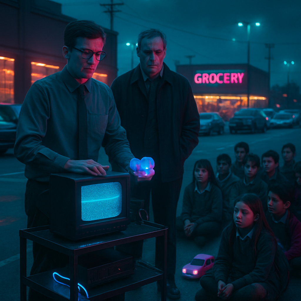 A teacher navigates a challenging situation involving a malfunctioning AV cart while teaching in an unconventional setting—a grocery store parking lot. The dream explores themes of authority, communication, and a quest for knowledge amidst chaos.