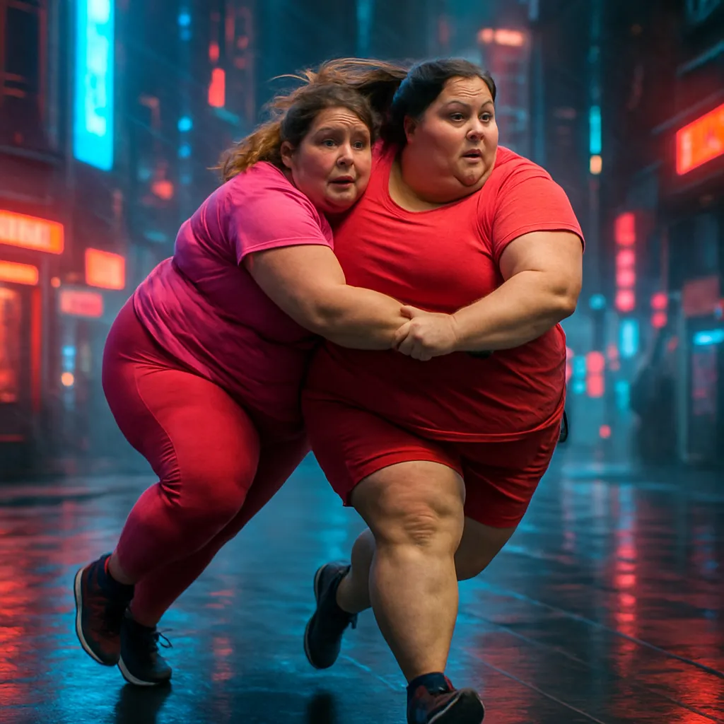 In the dream, two obese women engage in a surprising and dynamic activity, with one carrying the other and running fast, invoking feelings of worry and awe. The scene concludes without any significant injury.
