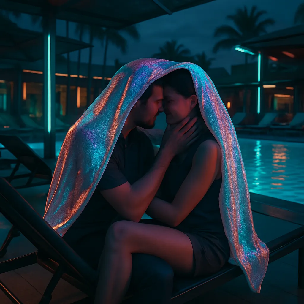 The dream takes place at a resort, where the dreamer sits with their wife by a pool, experiencing a moment of intimacy under a towel. The dreamer feels surprised, pleased, and slightly concerned about being observed, but the wife seems unconcerned.