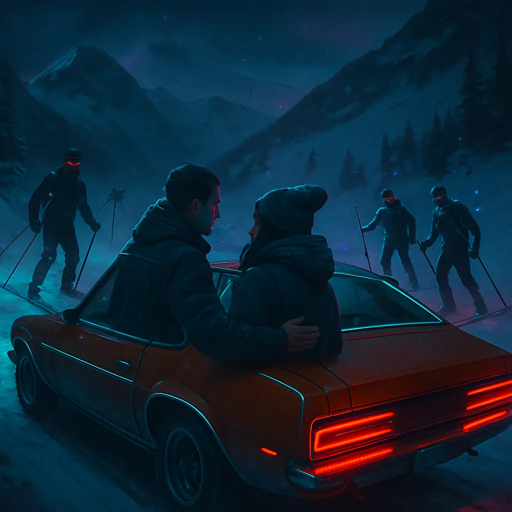 The dreamer and Scott are at a house, preparing to go out. They drive in Scott's orange car past a ski mountain, where Scott becomes upset with skiers blocking the way.