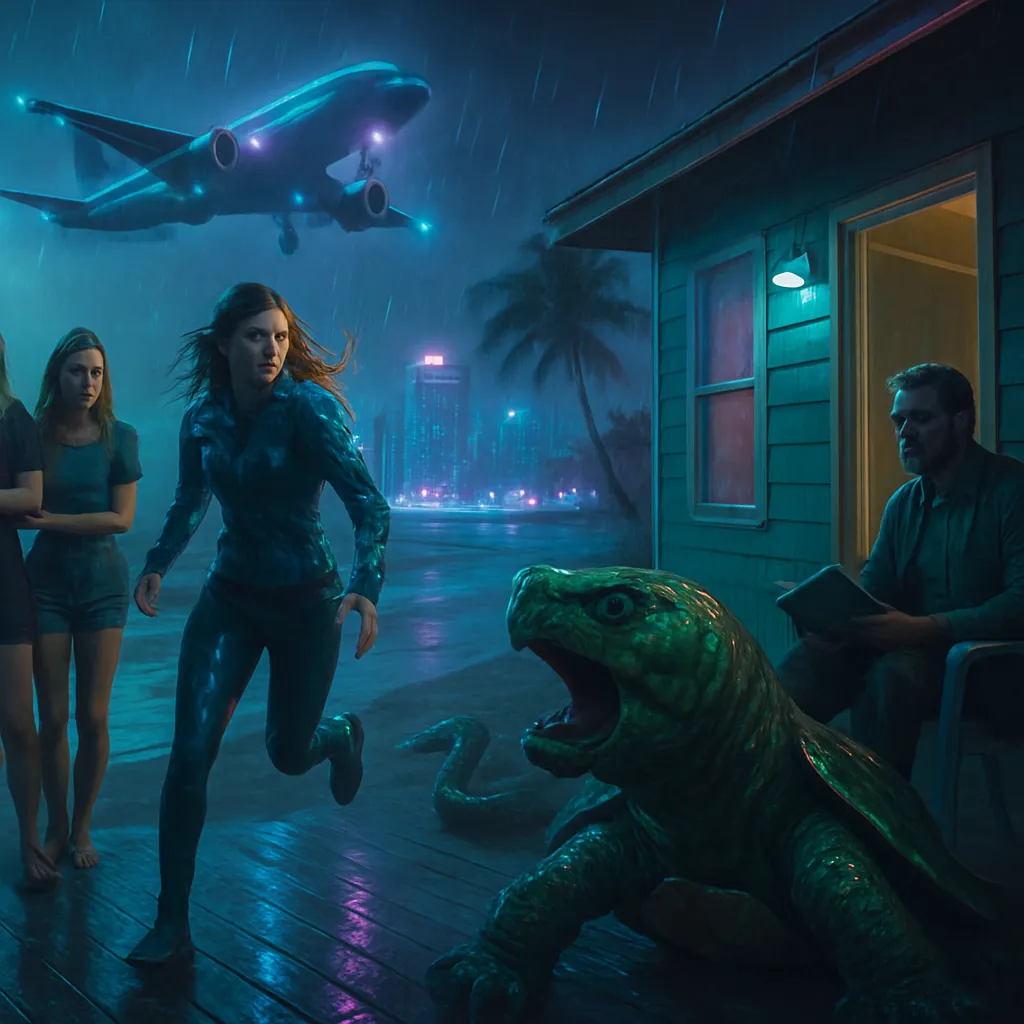 The dreamer finds themselves flying to Florida where they encounter social judgment and reassurance. Exploration leads to confrontation with a threatening turtle that transforms into a snake, highlighting change. Rain signifies cleansing, and running without pain shows liberation.