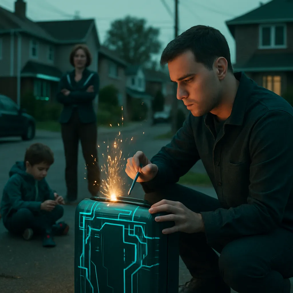 A dream about a man decorating a suitcase in a neighborhood, uncertain about its suitability. Golden sparks fly from the suitcase, raising questions of danger. A child plays nearby, unaware and unbothered, while a contest with unclear results involves a judging woman.