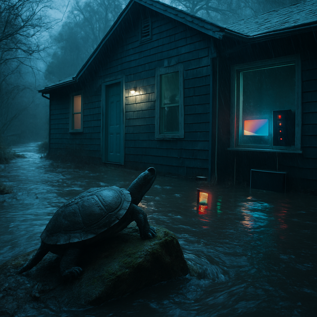 The dream involves a house flooding, a turtle climbing to safety, and efforts to save electronic equipment from the water.