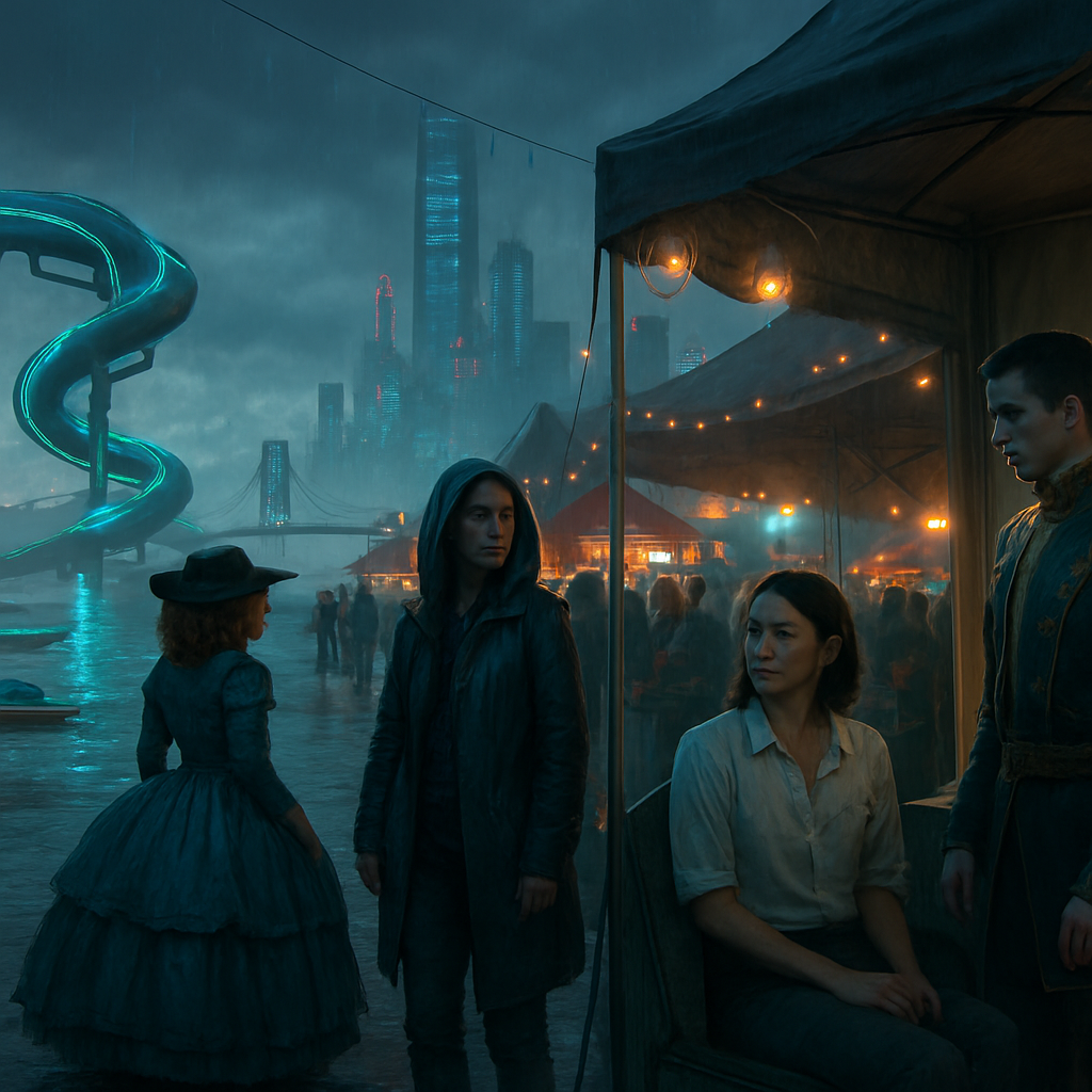The dream involves waking up at a festival, exploring a scene with floating beds and a water slide. The dreamer must cover a work shift, reflecting stress over timing and location in San Francisco. It culminates with a prince evaluating the dreamer's sister, suggesting themes of choice and obligation.