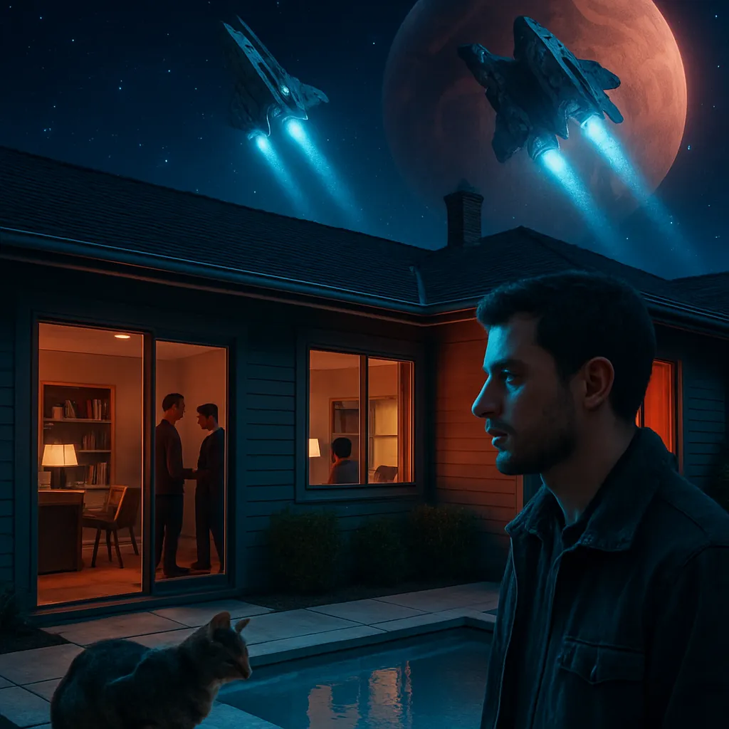 The dream involves two ships heading into space, challenges to authority, a house where people are without masks causing discomfort, and a pet cat near a pool, raising safety concerns.