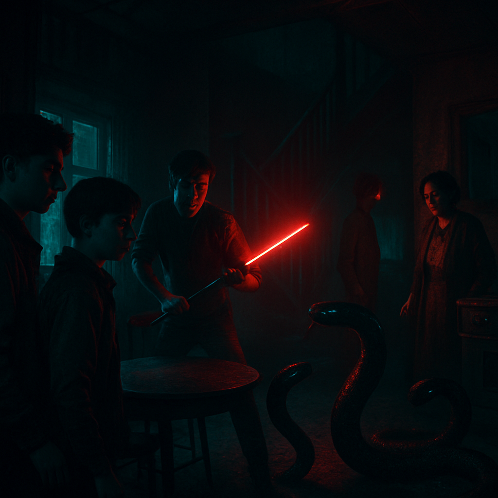 The dreamer is in a two-story house similar to their grandmother's. Their siblings plan to go to Corozal but encounter snakes. The older brother kills one snake but struggles with another. A 'pretty boy' accompanies the dreamer who feels scared until the snakes are dealt with. Despite efforts, one snake remains elusive. The dream ends with family members informed of the lingering threat.