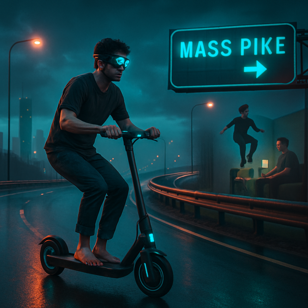 The dreamer rides a scooter along the highway seeking a destination, ignores the absence of socks despite evident foot injury, avoids entering Mass Pike, flies but feels observed, and ends in a room with Alex discussing relationships.