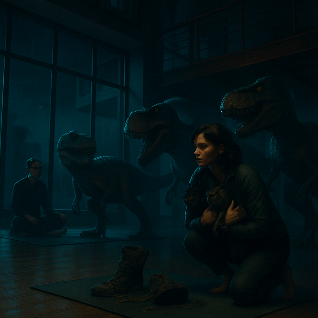 In a yoga studio, the dreamer helps a friend with business ideas, then becomes trapped with dinosaurs that destroy their boots, while trying to save their cats and find a safe exit.