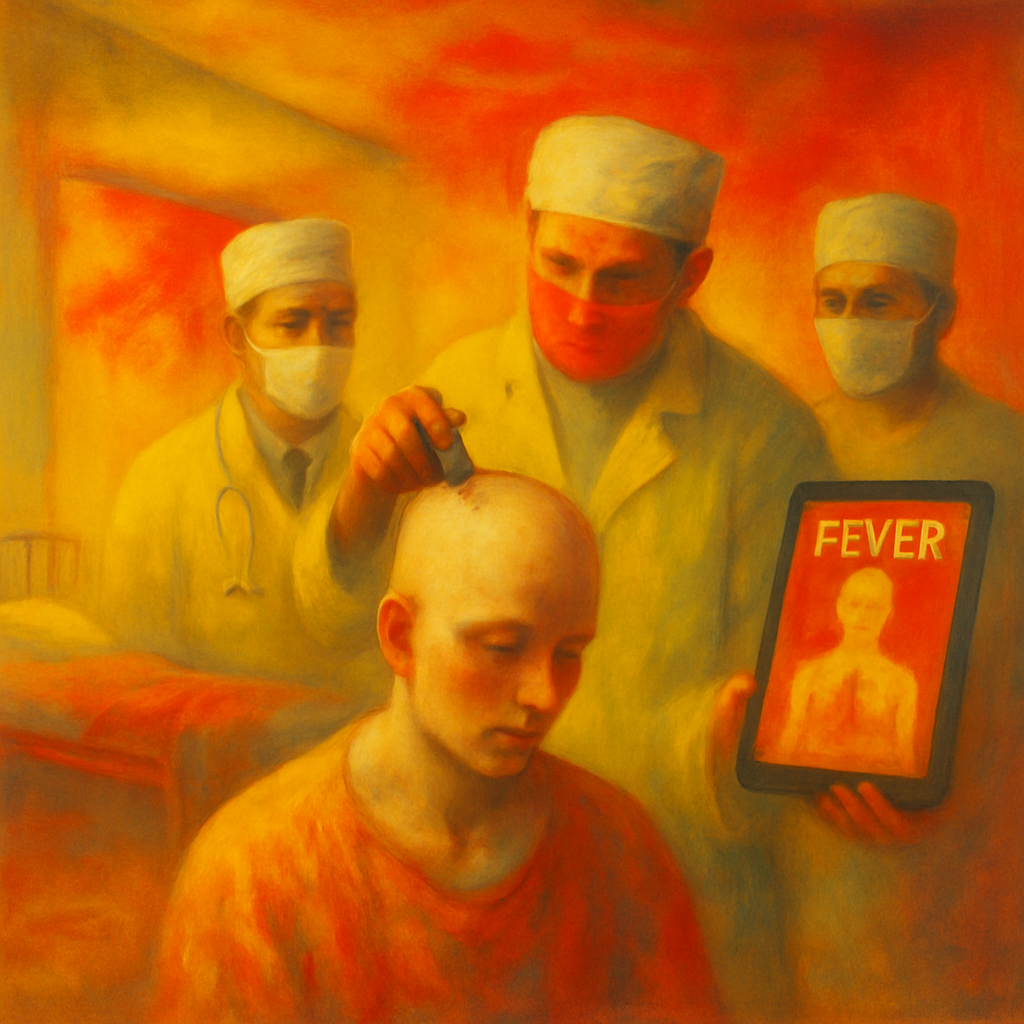The dream involves a past health scenario with doctors, including a requirement to shave the head for a procedure. Throughout the dream, yellow and red colors are present, symbolizing warnings or significant emotions.