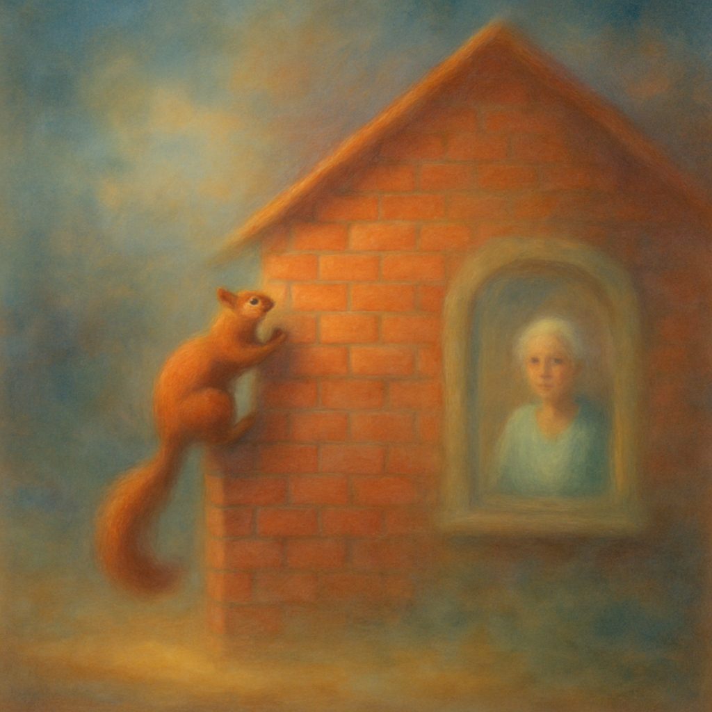 The dreamer observes a squirrel navigating a brick building at a location like their sister-in-law's house and considers its next move. Earlier, the location where the dreamer was caring for their mother merges into a single, manageable space.