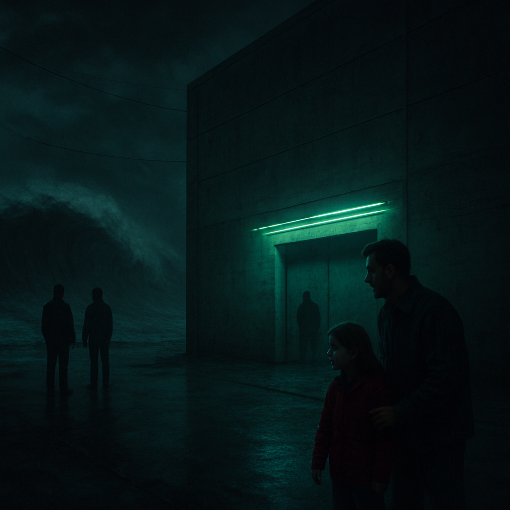 The dreamer, accompanied by their daughter, narrowly escapes a massive tidal wave by seeking refuge in a windowless concrete building, possibly a gymnasium, which they fortuitously encounter. The building's security suggests survival amidst the implied destruction outside.