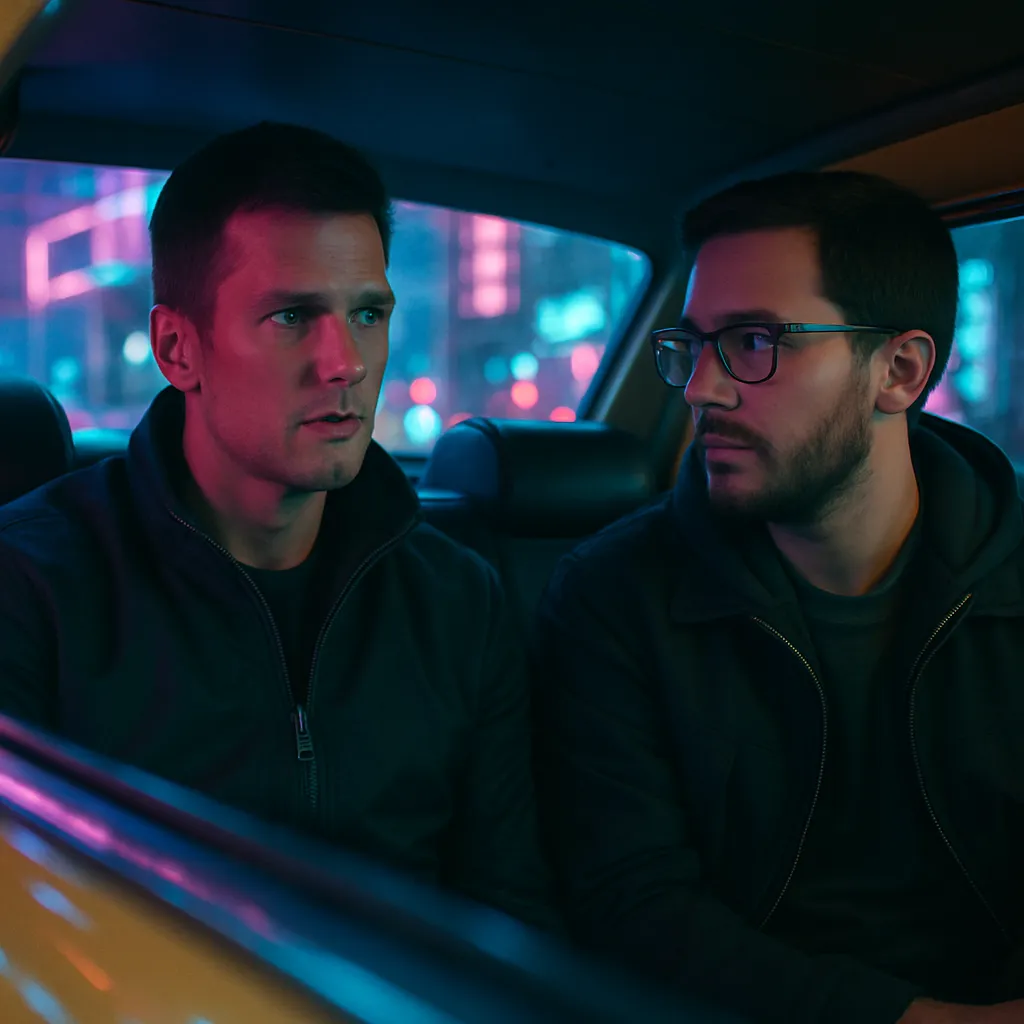 The dreamer is in a car with Tom Brady, with both being passengers in a taxi without initially realizing the other's presence, heading to the same destination.