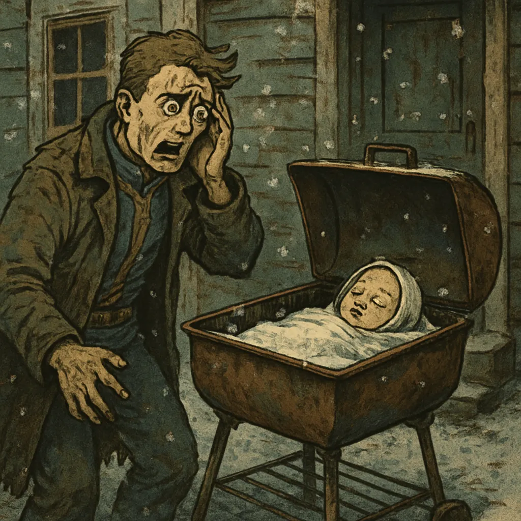 In this vivid nightmare, the dreamer leaves their baby child in an outdoor BBQ pit, forgets about them, and wakes up to find snow has fallen, fearing the child is nearly dead from exposure.