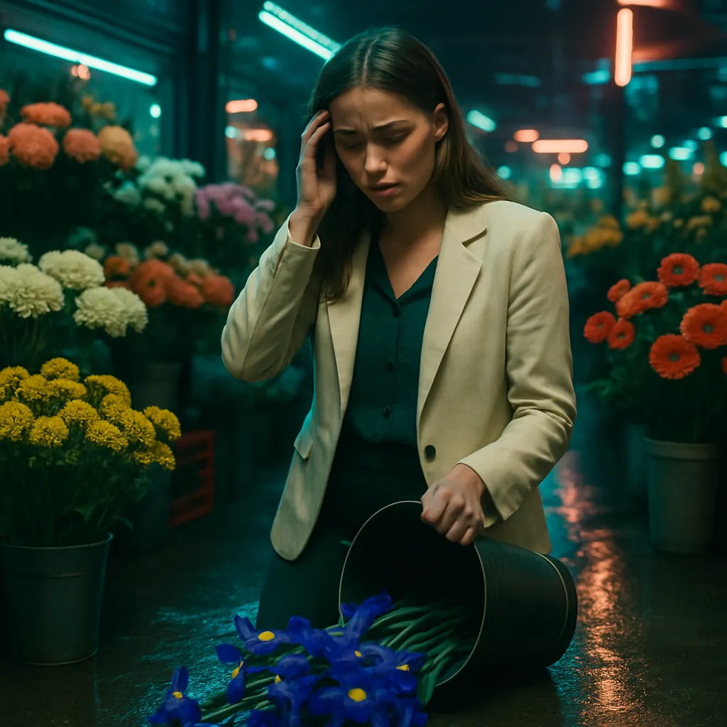 The dreamer navigates a flower market, overwhelmed by wedding planning tasks, spills expensive poppies, and desires irises.