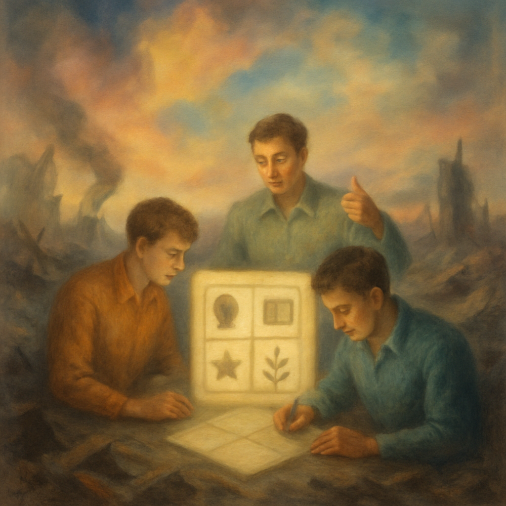 People are developing a program to help others affected by chaos, offering new intellectual pursuits structured around a grid of four items. The dreamer approves of this idea.