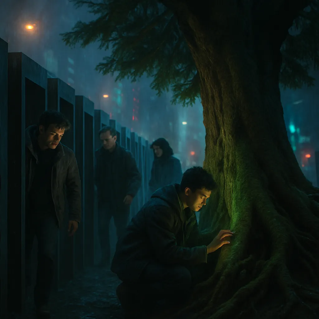 The dream involves navigating through a row of slots during a crisis, followed by discovering and caring for an ancient tree.