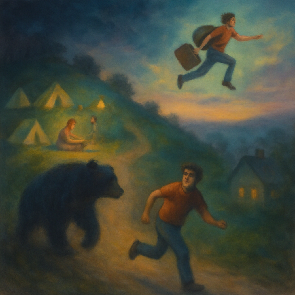 The dreamer runs up a dirt road as darkness falls, fearing a bear and seeking refuge on a hill filled with campers. Despite discomfort, they leave at dawn, assist Robyn with a meal, and fly home with belongings, avoiding awakening a housemate on arrival.