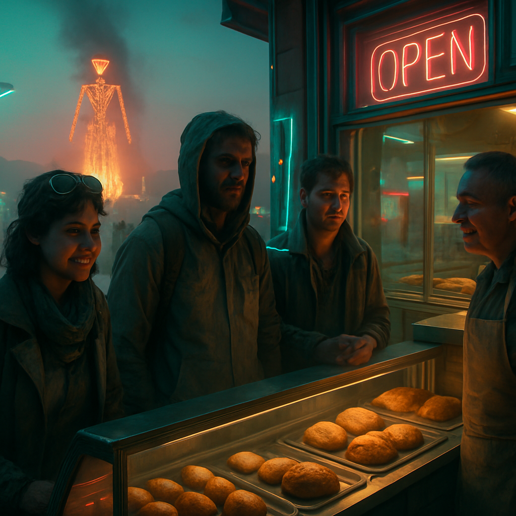 The dreamer attends a low-key version of Burning Man in the desert, experiences interactions with friends, and navigates a transformed festival. Symbolic elements include scarcity, social support, violence, and a sense of loss. It ends with a comforting bakery scene.