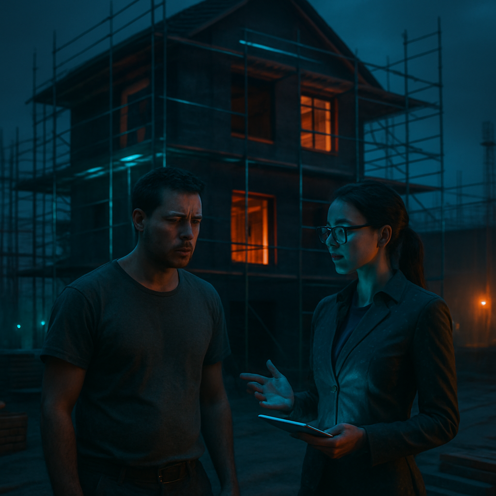 The dreamer is building a house with the assistance of a professional woman, who aids in remembering important tasks related to types and relations, evoking both annoyance and recognition of her guidance's value.