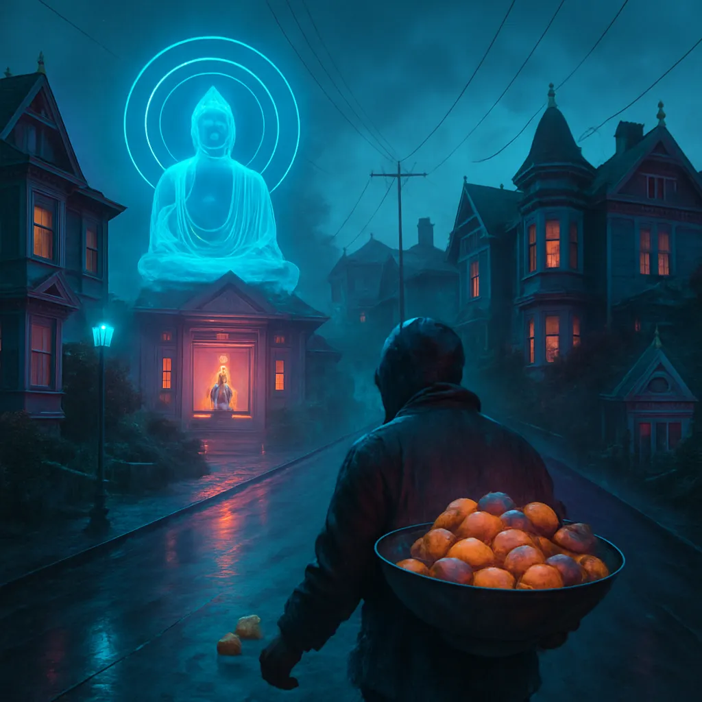 The dreamer finds themselves in a neighborhood akin to Centerville's Queen Anne area, attending a Buddhist retreat. They climb a steep hill moving from house to house collecting food, uncertain if they may do so. On descent, much of the collected food is lost, symbolizing potential lost knowledge or progress.