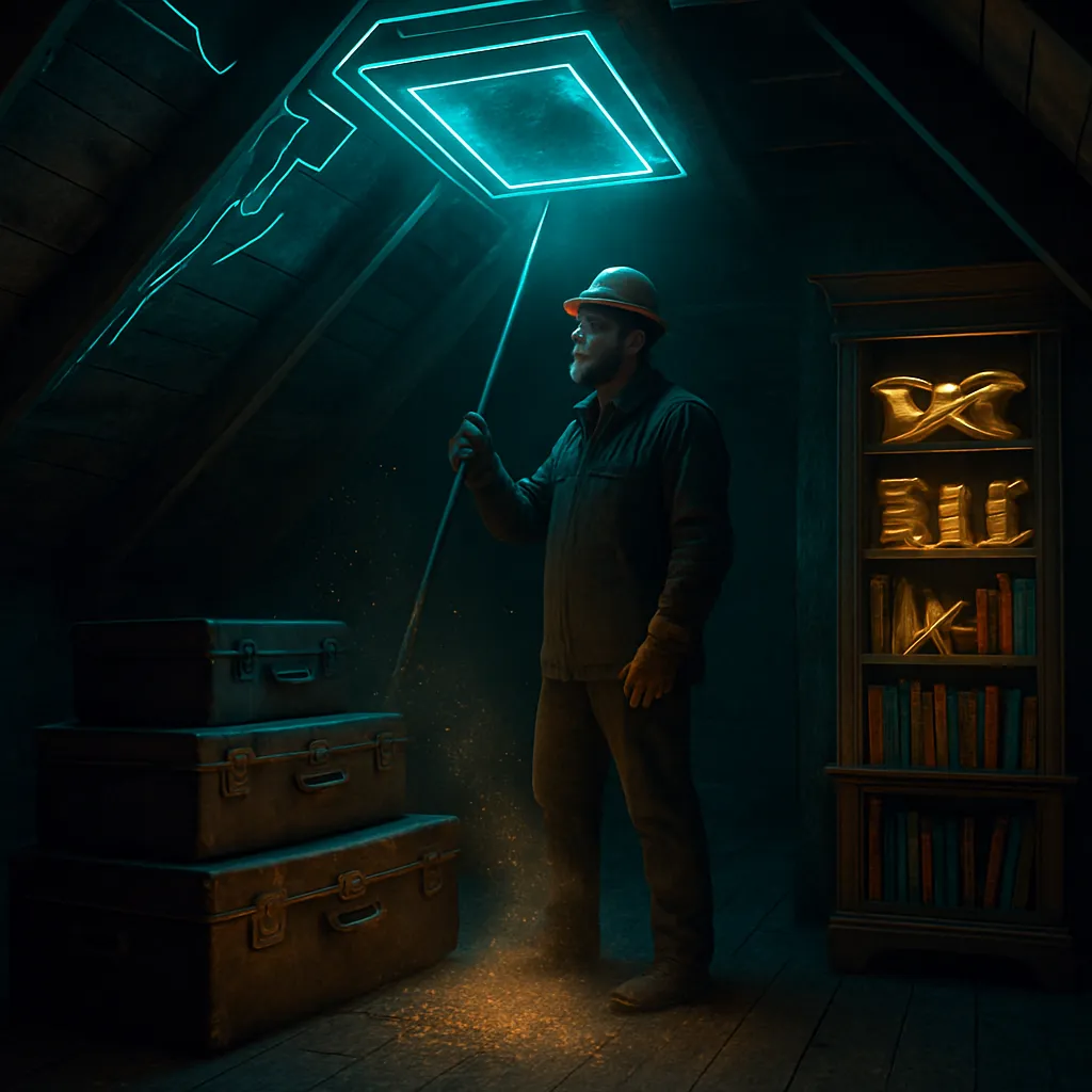 A dream taking place in an old house owned by the dreamer where a workman helps clean the attic, leading to discoveries of old suitcases, a mysterious hatch, golden ribbons, and children's books.