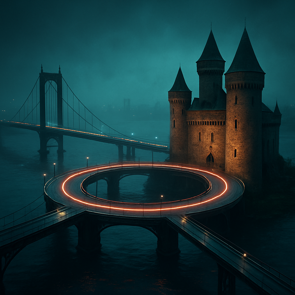 The dreamer saw a bridge suspended over water coming together into a circular rotary with an ancient-looking castle on shore.