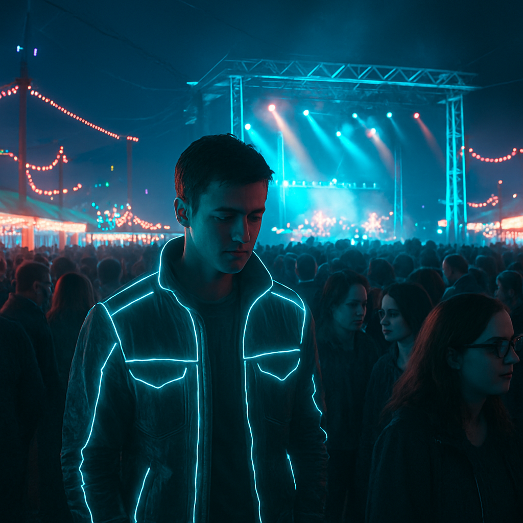 In a nighttime open-air concert, the dreamer navigates through a crowded fairground, feeling comforted by the presence of a familiar person named Trent amidst strangers. They face unresolved conflicts and feelings of loneliness despite the crowd.