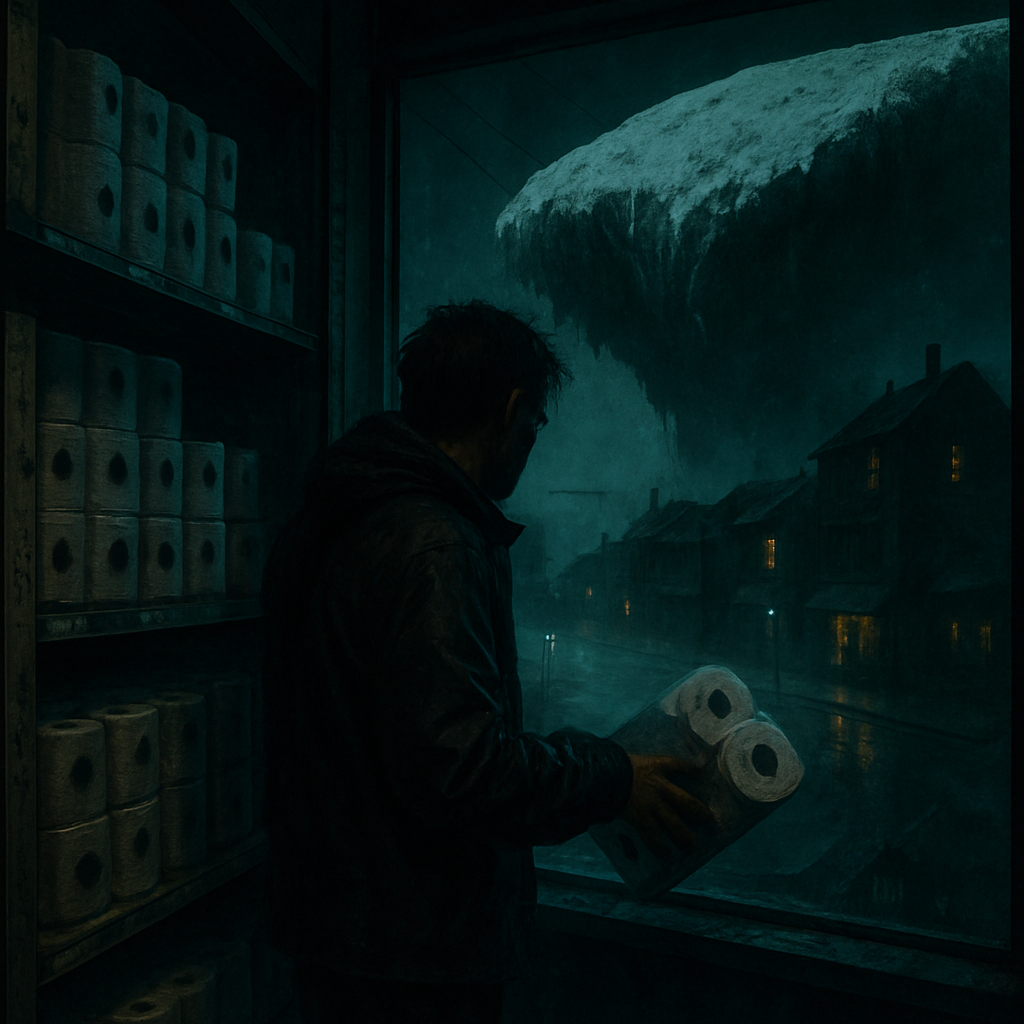 The dreamer experiences shopping for toilet paper, symbolizing a need for preparedness, and confronts a looming threat from a snow cliff overhanging their town, reflecting feelings of powerlessness.