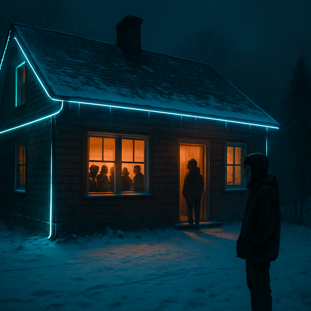 The dreamer visits a cottage in winter where they feel like an outsider among a group of people. There are hints of danger and a sense of not fitting in, accompanied by a feeling of sadness.