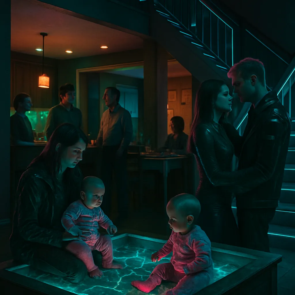 The dreamer finds themself in a large house with family and work acquaintances, tasked with caring for babies near a staircase. An astrology conversation and a family dinner for an aunt occur in a kitchen, while a political debate leads to an intimate encounter with a friend.