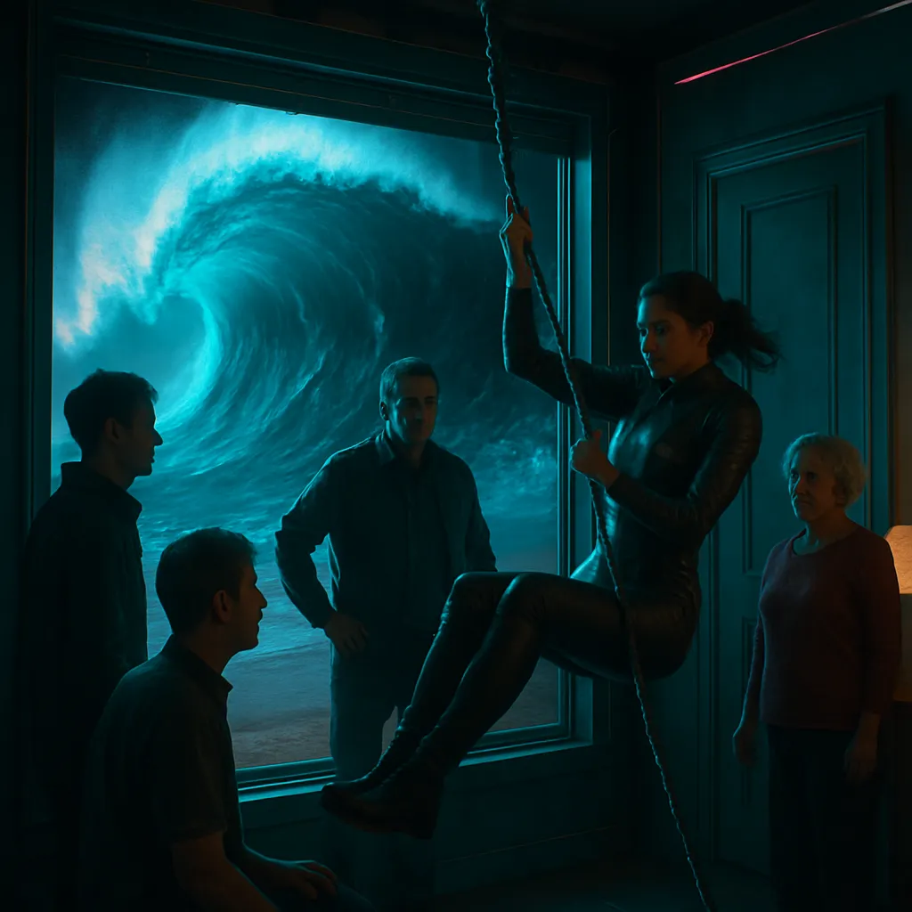 The dream presents a narrative starting on a beach with a giant wave approaching, prompting protective instincts, followed by indoor scenes involving playful rope swinging, awkward sexual tension, and changing perceptions through unexpected visual revelations.