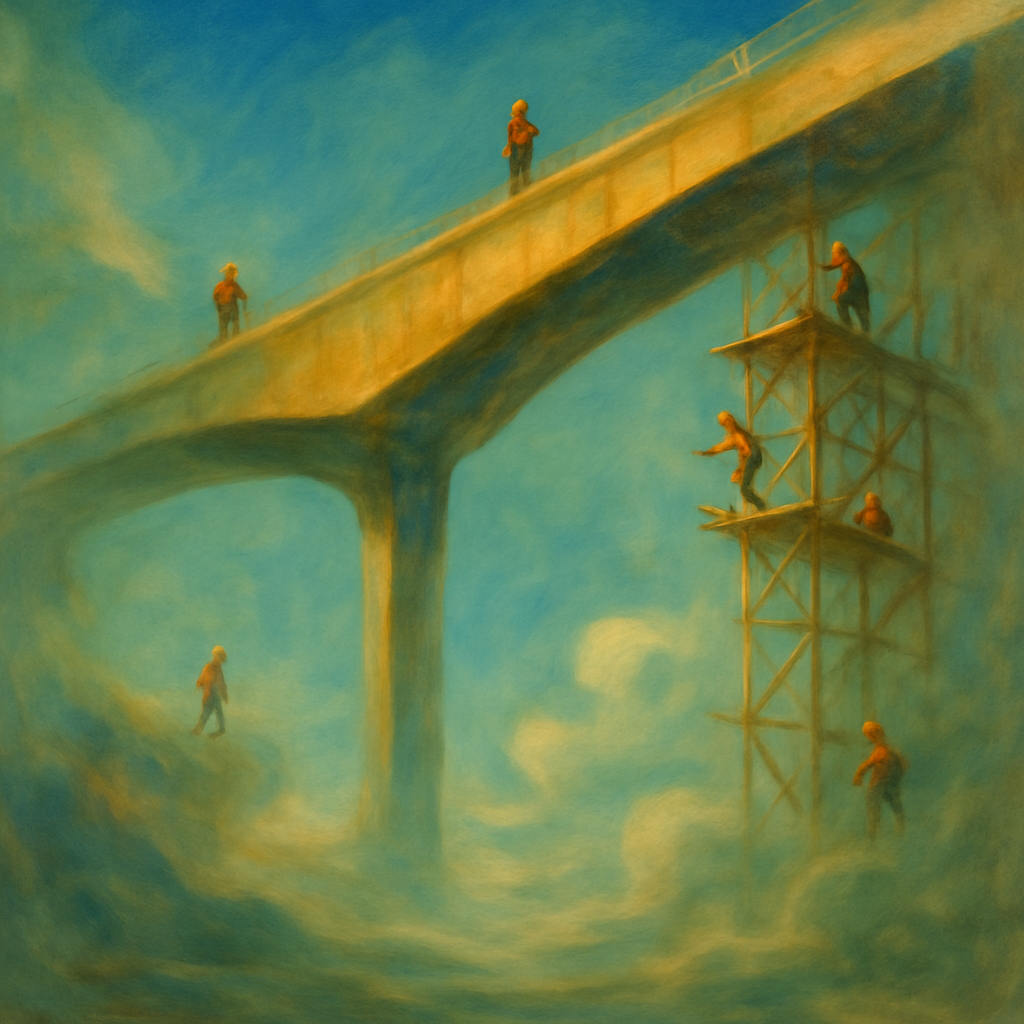 The dreamer is observing a large bridge under construction from a vantage point below, awestruck by its enormous scale and seemingly fragile support, under a clear blue sky. The dream evokes feelings of awe and intimidation, particularly regarding the workers who can build such a structure.