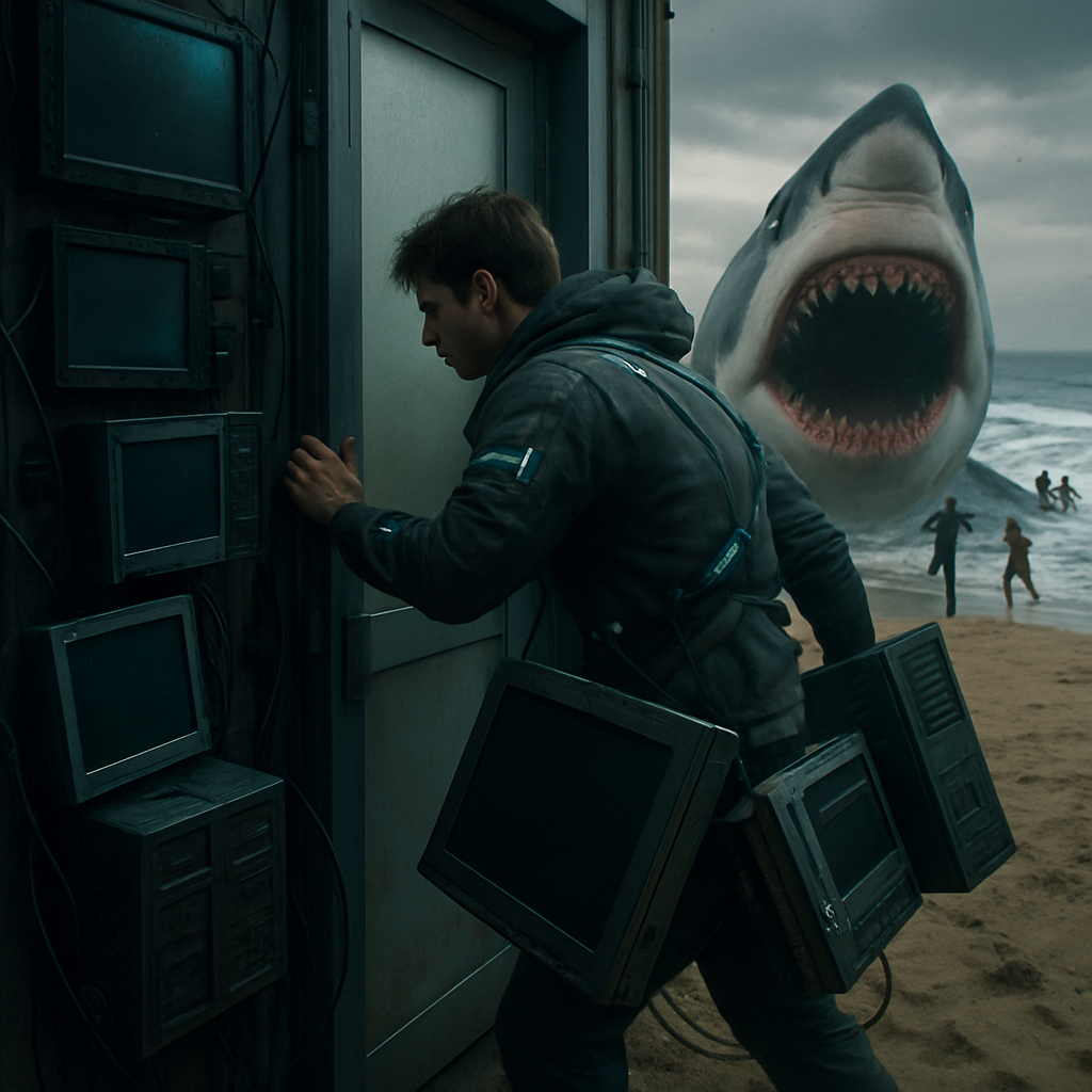 The dream involves a quest for truth and authenticity by removing systems that filter reality, and an encounter with a threatening shark that represents a challenge. The dreamer successfully addresses the situation by protecting others and preventing harm.