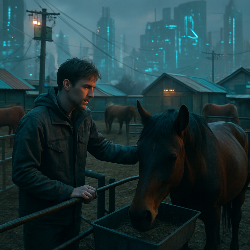 The dreamer finds themselves taking care of horses in a setting with disorganized, oddly shaped properties and varying standards of care. The dreamer is inexperienced in their new job but is motivated by genuine concern for the horses.