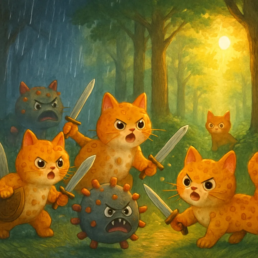 The dream involves the dreamer's immune cells fighting against danger in rain, eventually leading to sunshine through a forest.