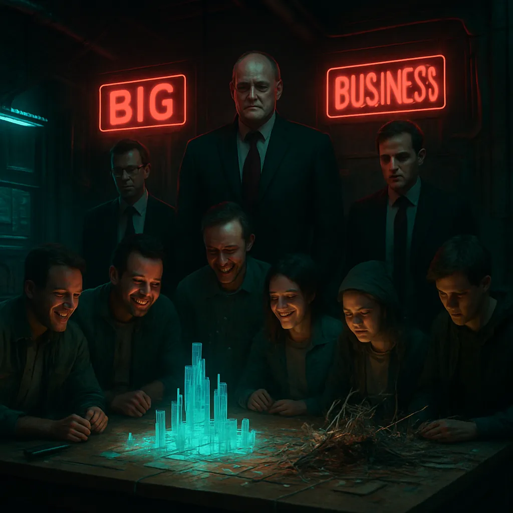A dream where big business companies take over a creative process, initially resulting in happiness but ultimately leading to failure.