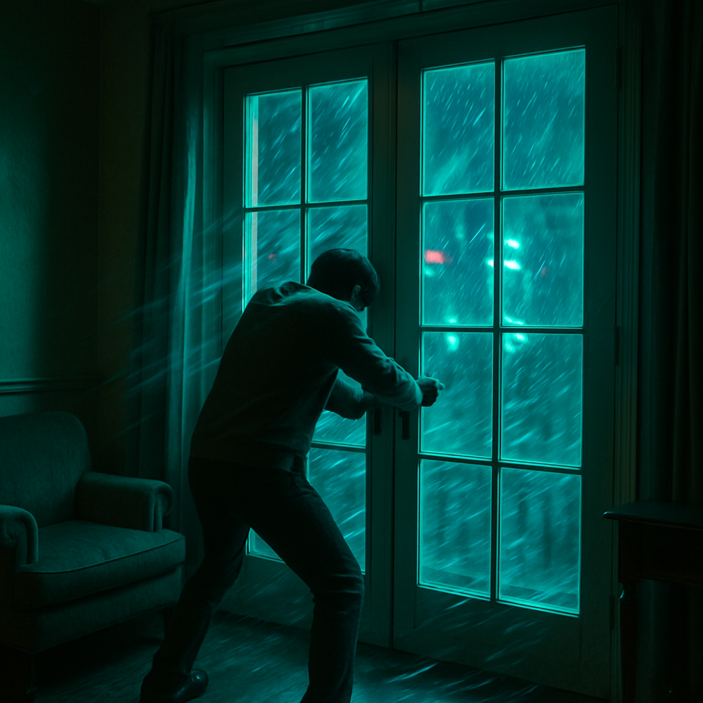 The dreamer finds themselves alone in a sitting room with doors to the outside. A supernatural wind threatens to force them open, and the dreamer struggles to hold them closed, hoping for someone to return to assist.