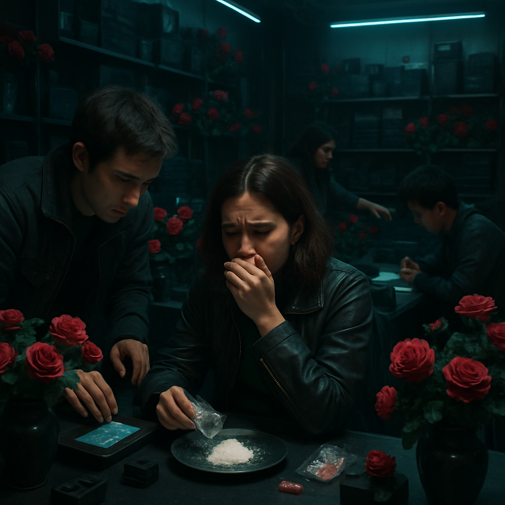 The dream features a group of people trying to organize activities in a room filled with black objects and flowers. Candy with powder causes sickness, possibly symbolizing something appealing but ultimately harmful.