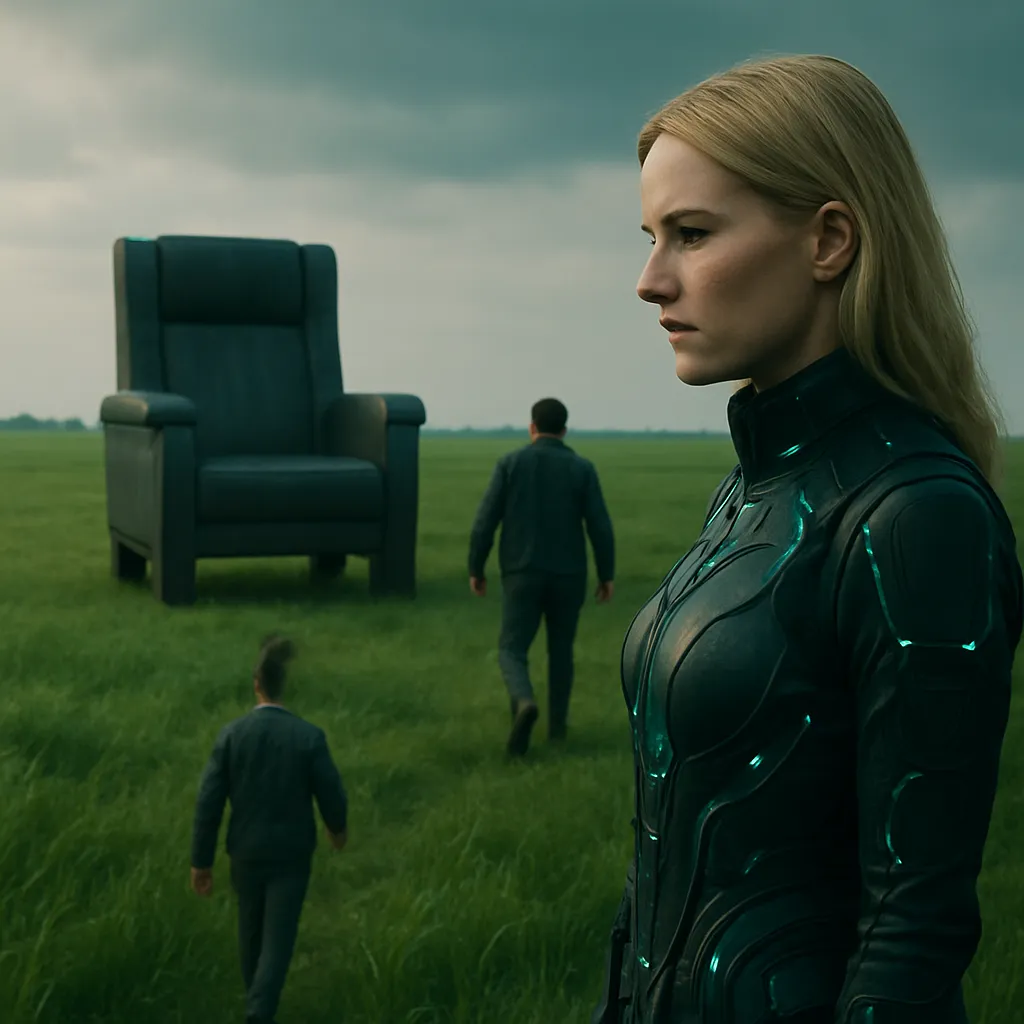 The dream involves a blond woman in control of the dreamer and possibly others. A person is seen going back and forth to a big chair located in the middle of a green grass field, creating a sense of uncertainty about their actions and intentions.