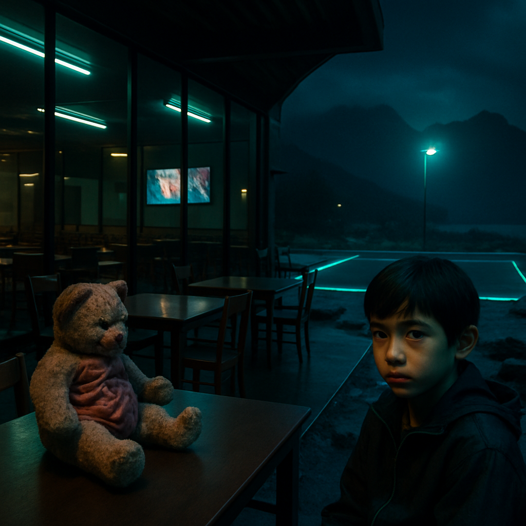 In a communal living space near mountains, the dreamer experiences a sinister atmosphere where silence is mandatory. Stuffed animals carry a disturbing transformation. Outside, the water's unusual viscousness represents emotional fears. The dreamer grapples with following a path of digital illusions or confronting life's hardships, symbolized by a mixed-race boy caught in between.