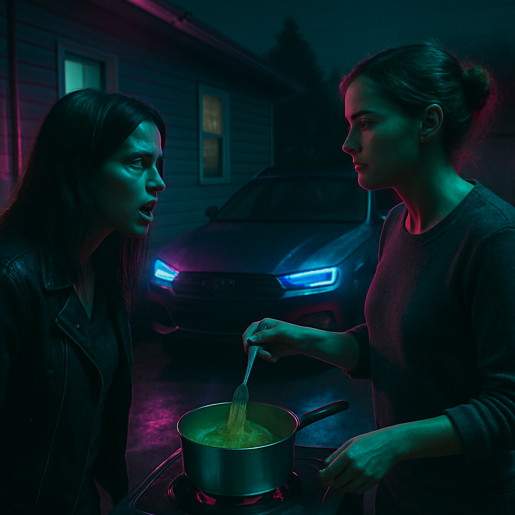 The dream involves a confrontation with a dark-haired woman, cooking pasta, asserting one's independence, and an unexpected presence in a familiar place.