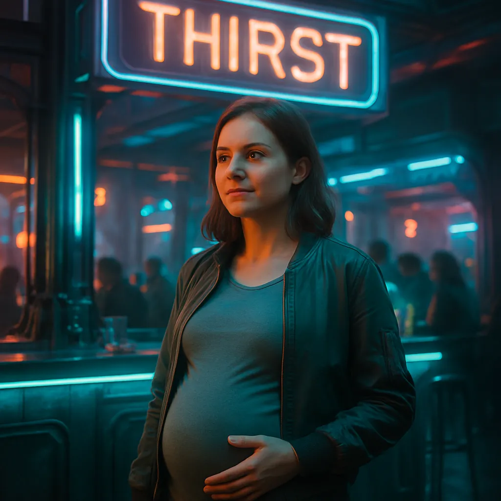 The dreamer is at a place called 'Thirst' and is a few months pregnant but not showing. They feel fascinated and not scared about the pregnancy, which contrasts with how they might feel in real life.
