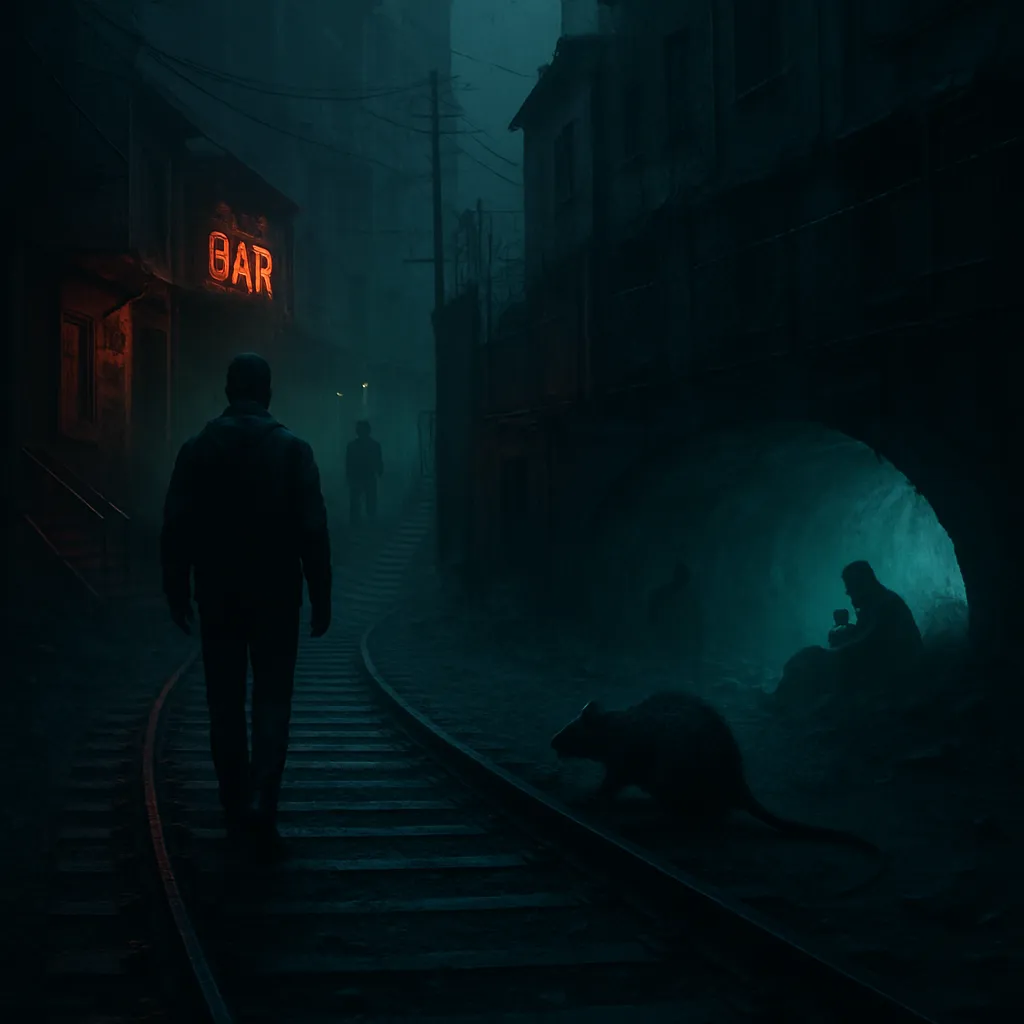 The dreamer walks along familiar tracks, ventures into a daunting neighborhood, encounters a pursuer, and navigates a rough environment, with elements of fear and protection woven throughout.