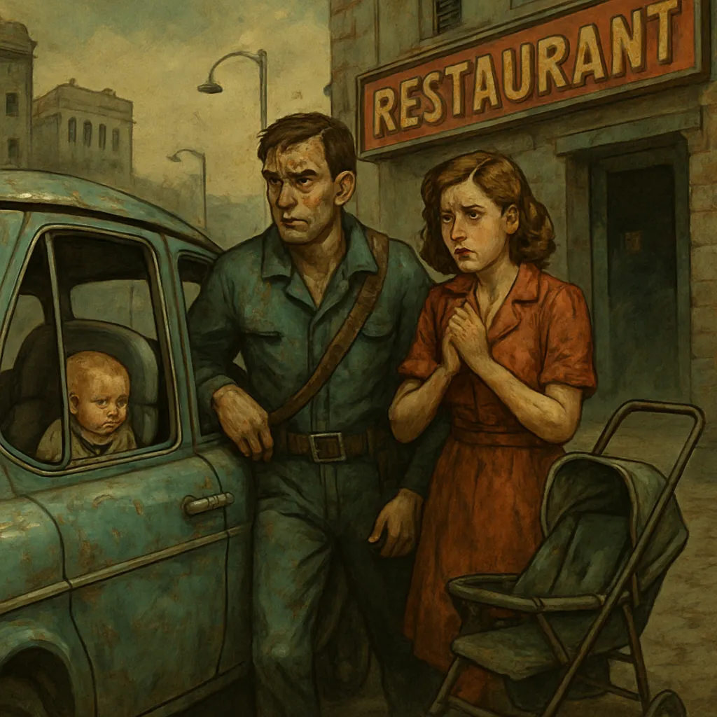 The dream involves a series of logistical challenges where the dreamer and their partner leave their child temporarily in a car while attempting to dine at a restaurant. There is ongoing anxiety about the child's safety and whether they are doing the right thing, compounded by imagery of mundane tasks.