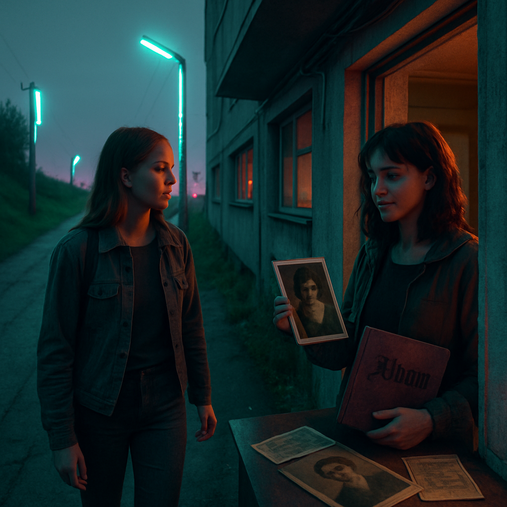 The dreamer walks up a hill in a semi-rural area, converses with a young woman about her being in a movie, and explores an apartment block where they find old memorabilia with German writing, suggesting a deeper exploration of cultural or familial roots.