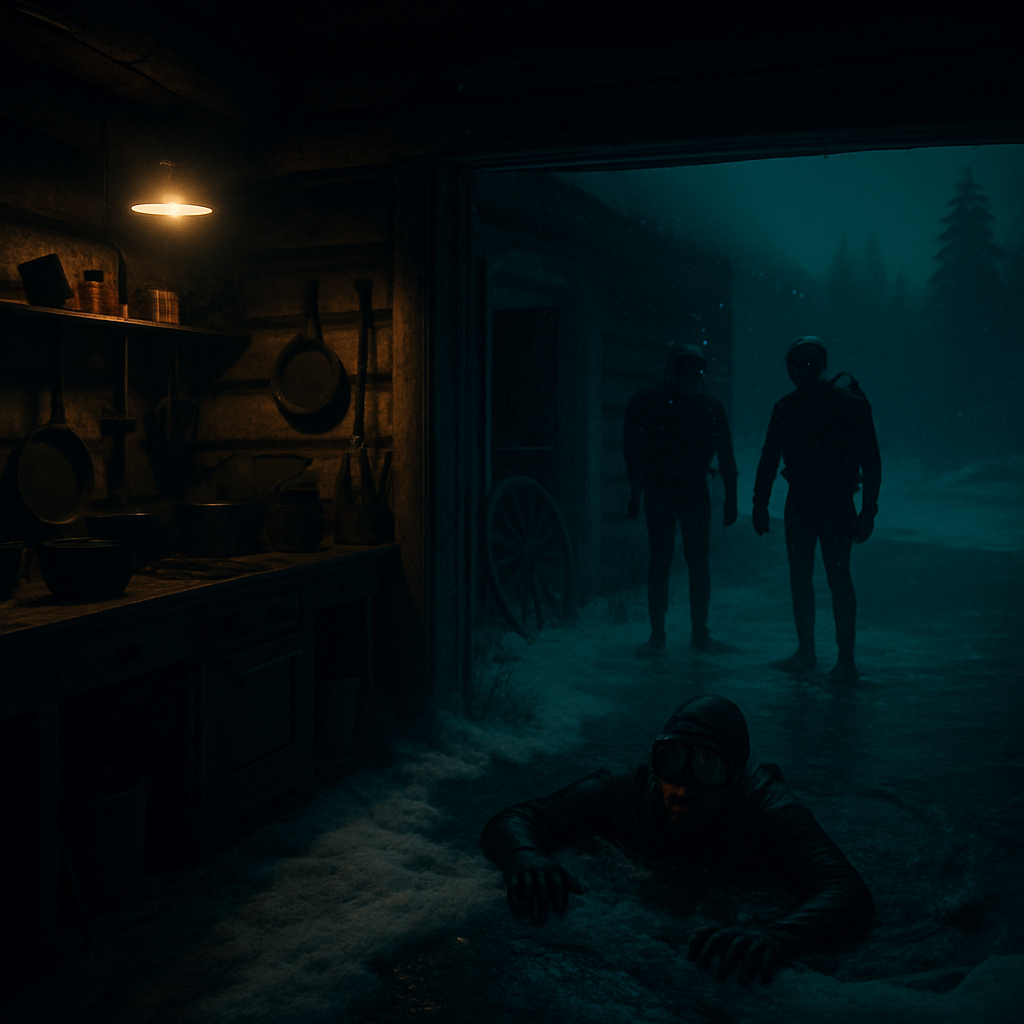 The dreamer finds themselves in a rustic log house, exploring through rooms filled with historical objects. Other people, known to the dreamer in the dream, are preparing for a snorkeling adventure. The dreamer confidently goes to the river bank but slips into the freezing water, unable to call for help.