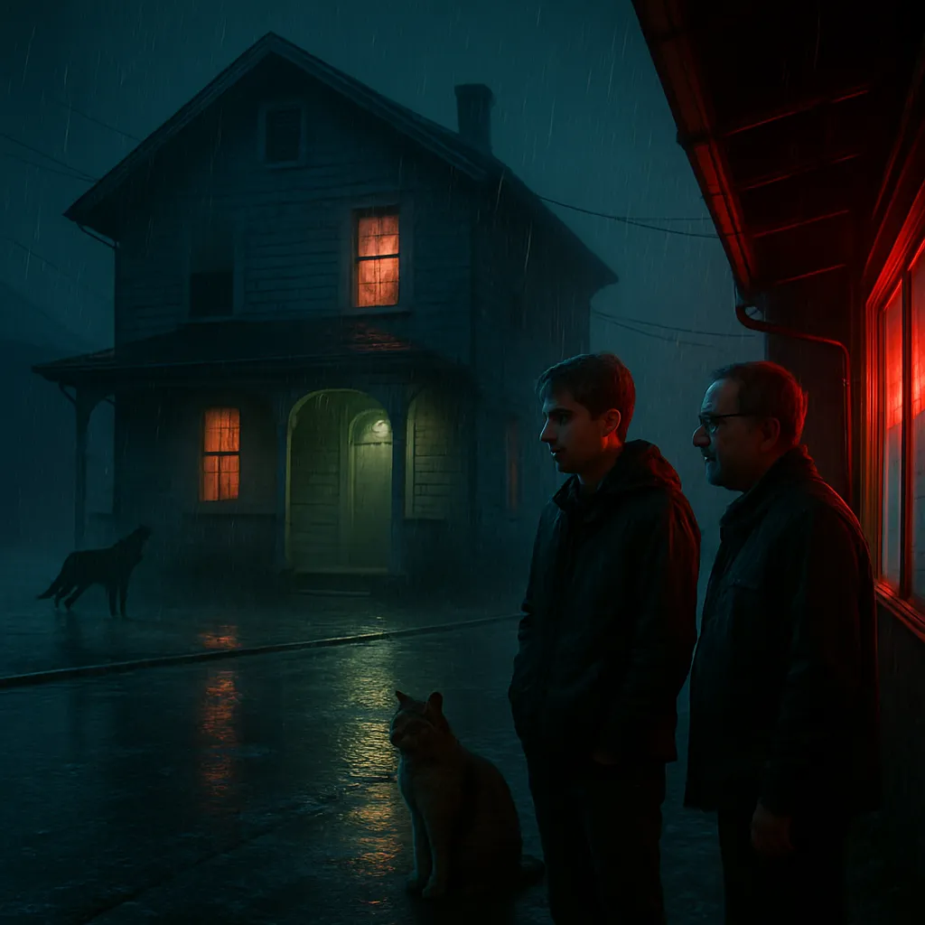 The dreamer and another person are in a house and leave due to fear. The dreamer, observing from across the street, remembers something left behind. An old family pet, Rocky, appears, and later a distant wolf howls. A group passes through rain, stopping plans. Mom rushes to dry clothes.