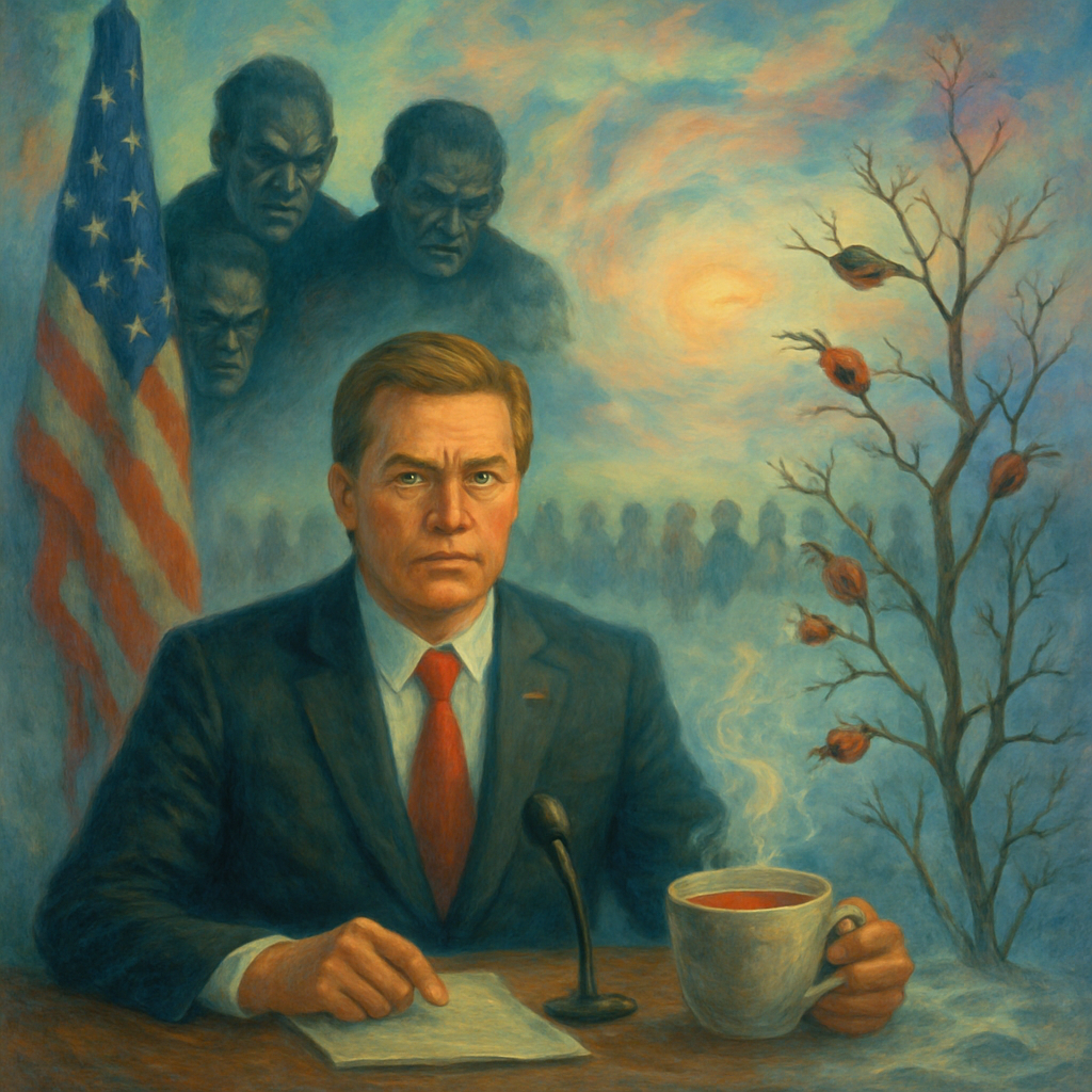 The dreamer envisions themselves as a President dealing with adversaries over a project, which turns out successful. They propose transparent communication about the success. Later, in winter, they see a leafless rose bush but decide to make healing rosehip tea.