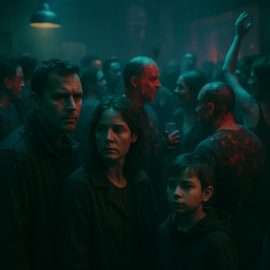 The dreamer is in a crowded room where an infection is visibly spreading among people, approaching the dreamer and their family, yet people remain unconcerned and continue to party.