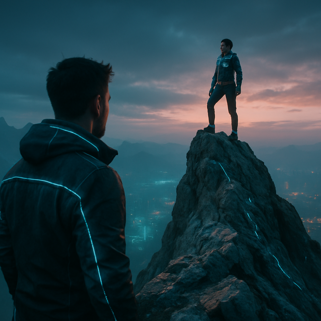 The dreamer stands atop a rocky mountain, feeling awe and respect for their wife's impressive climb. Observing her achievement, they decide to step back and provide her space to celebrate.